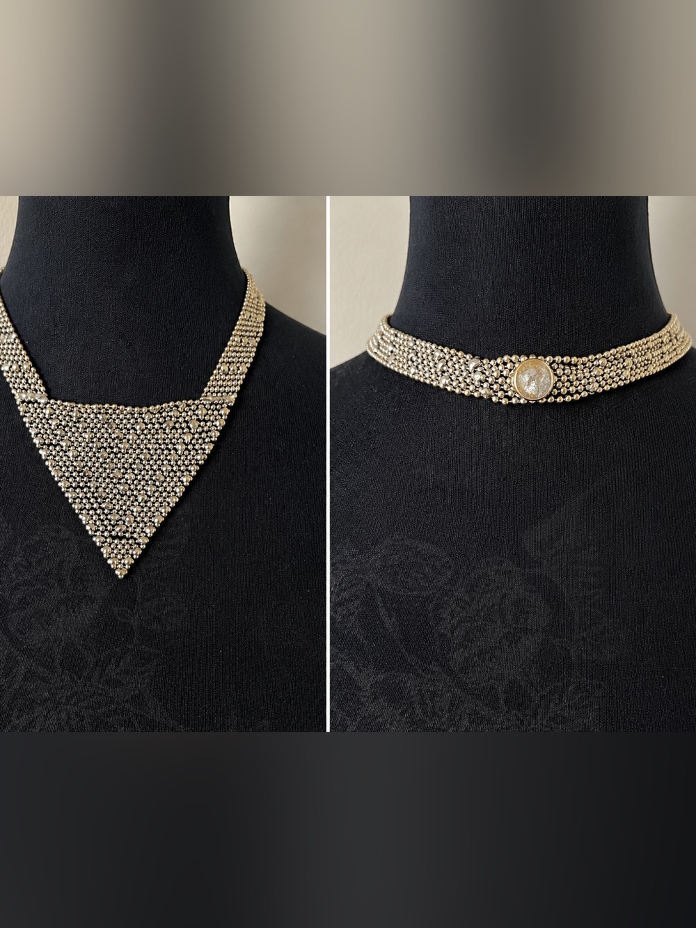 Vintage Silver Mesh Ball Chain Bib Choker Necklace Heavy Artisan Collar